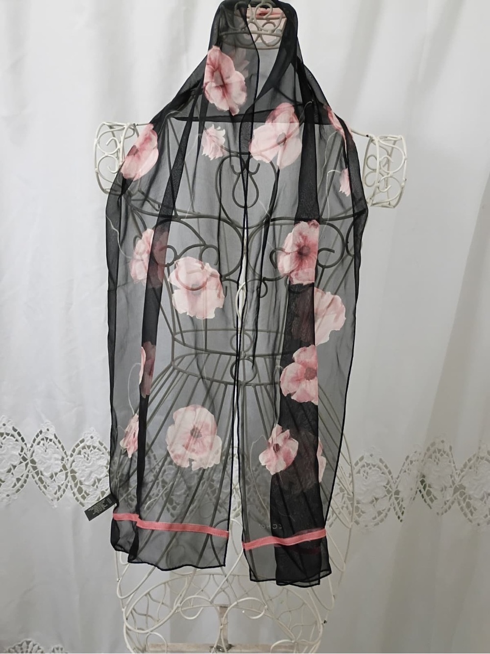 Echo Black Sheer pink floral 109% silk Scarf- wrap with Pink Trim 11” x 58”
